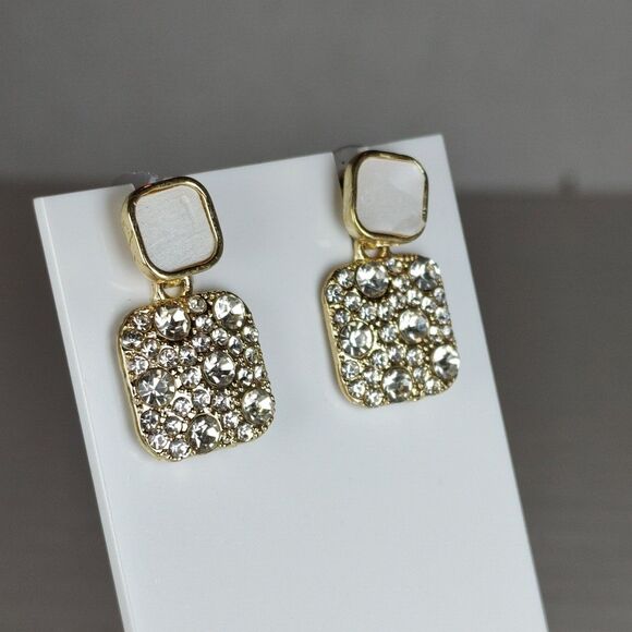 Gold Tone Metal Colorless Rhinestones Pearl Tone Stud Dangle Drop Earrings S925 - Picture 16 of 16